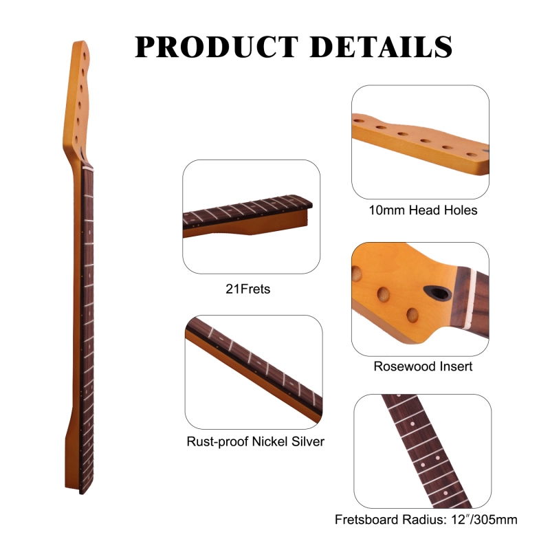 【Conversion】24.75" Scale Length Telecaster Guitar Neck Rosewood Fretboard Maple Neck 12" Radius 10 mm Holes 21 Frets Satin Finish