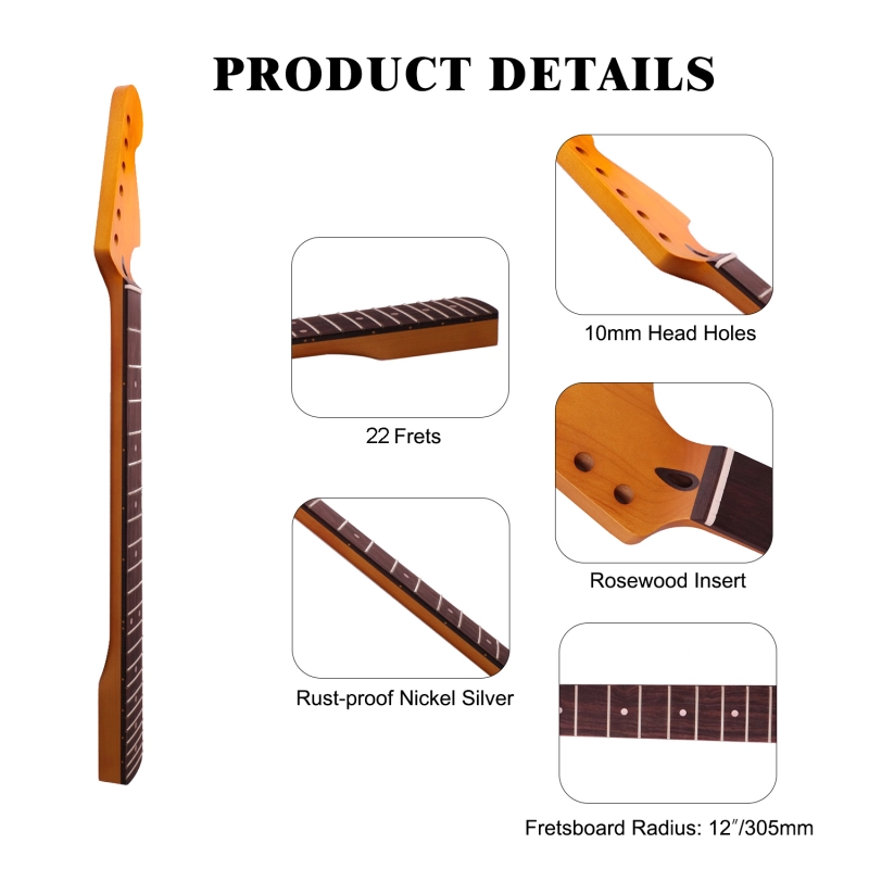 Mustang / Jaguar Guitar Neck 24" Scale Length Rosewood Fretboard Maple Neck 12" Radius 10mm Holes 22 Frets Satin Finish