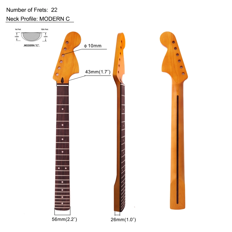 Mustang / Jaguar Guitar Neck 24" Scale Length Rosewood Fretboard Maple Neck 12" Radius 10mm Holes 22 Frets Satin Finish