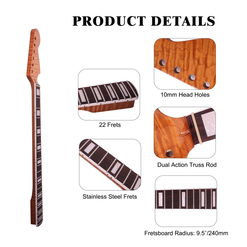 Stratocaster Guitar Neck Rosewood Fretboard Maple Neck 9.5" Radius 10 mm Holes 22 Frets Gloss Finish Acrylic Block Inlay