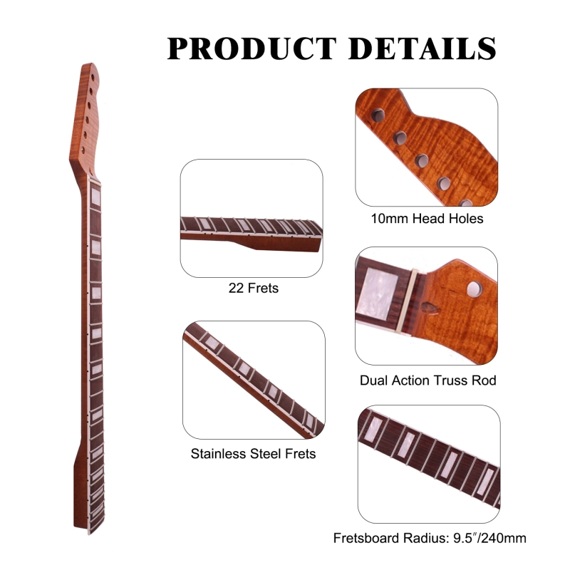 Telecaster  Guitar Neck Rosewood Fretboard Maple Neck 9.5" Radius 10 mm Holes 22 Frets Gloss Finish Acrylic Block Inlay