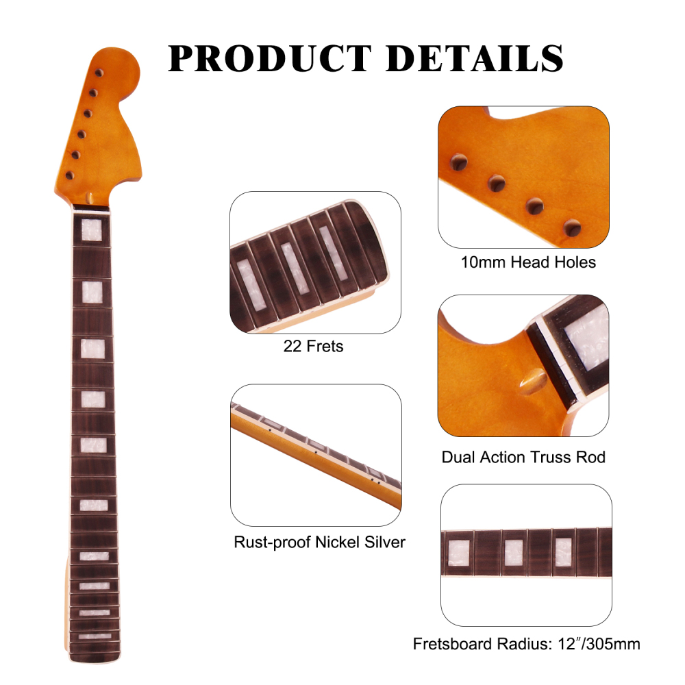 Stratocaster Guitar Neck Rosewood Fretboard Maple Neck 12" Radius 10 mm Holes 22 Frets Gloss Finish Acrylic Block Inlay