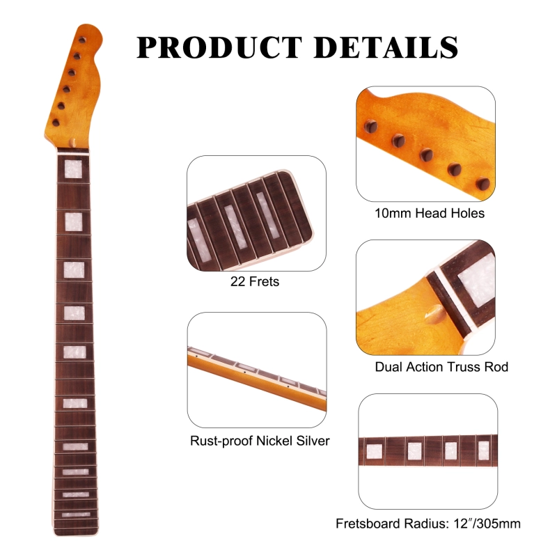 Telecaster Guitar Neck Rosewood Fretboard Maple Neck 12" Radius 10 mm Holes 22 Frets Gloss Finish Acrylic Block Inlay