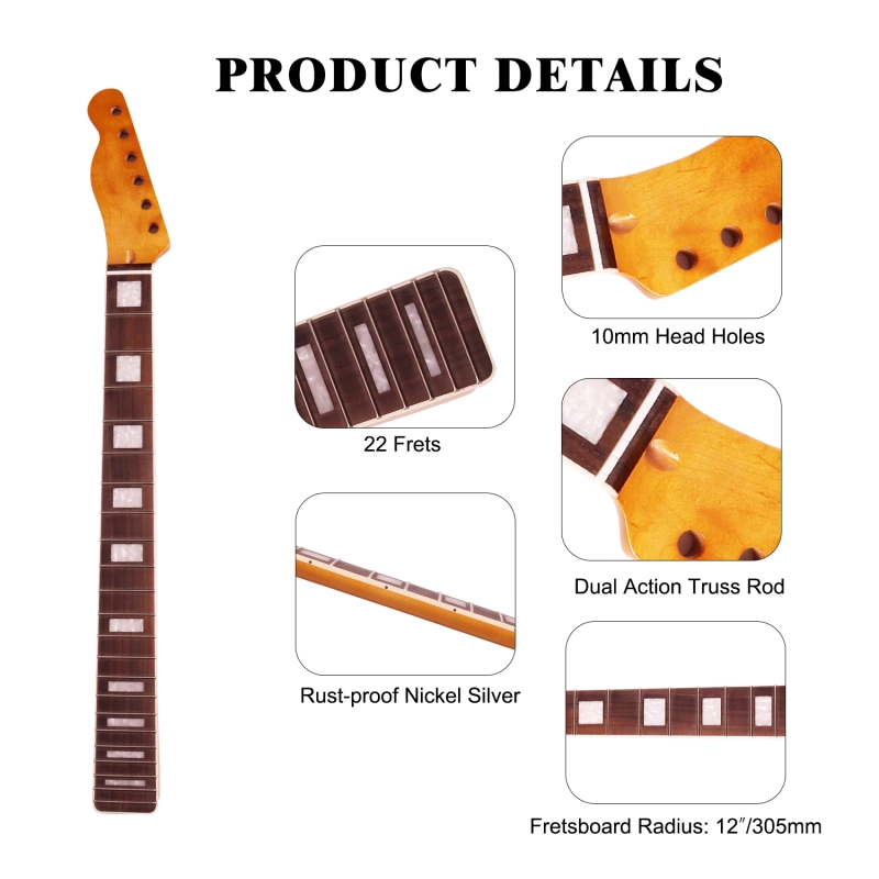 Left-handed Telecaster Guitar Neck Rosewood Fretboard Maple Neck 12" Radius 10 mm Holes 22 Frets Gloss Finish Acrylic Block Inlay