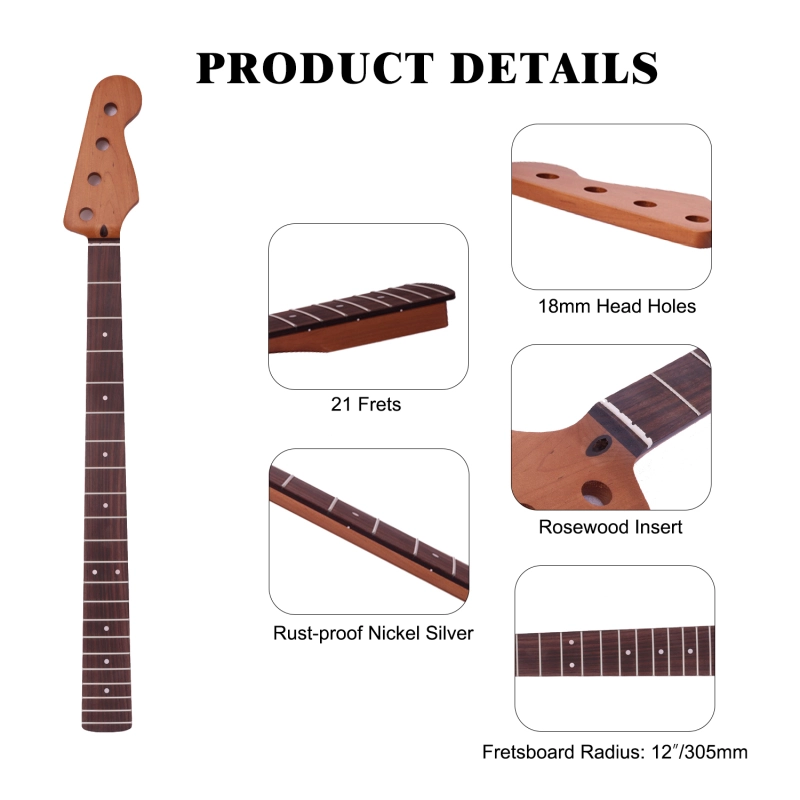 4 Strings Precision Bass Guitar Neck Roasted Maple Neck 12" Radius 18 mm Holes 21 Frets Satin Finish