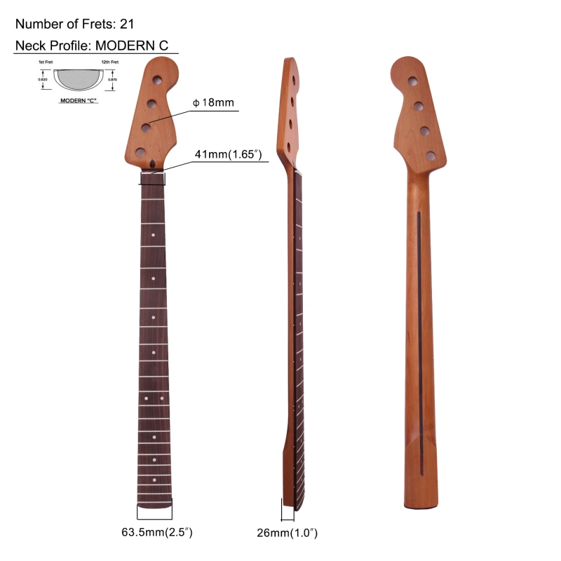 4 Strings Precision Bass Guitar Neck Roasted Maple Neck 12" Radius 18 mm Holes 21 Frets Satin Finish