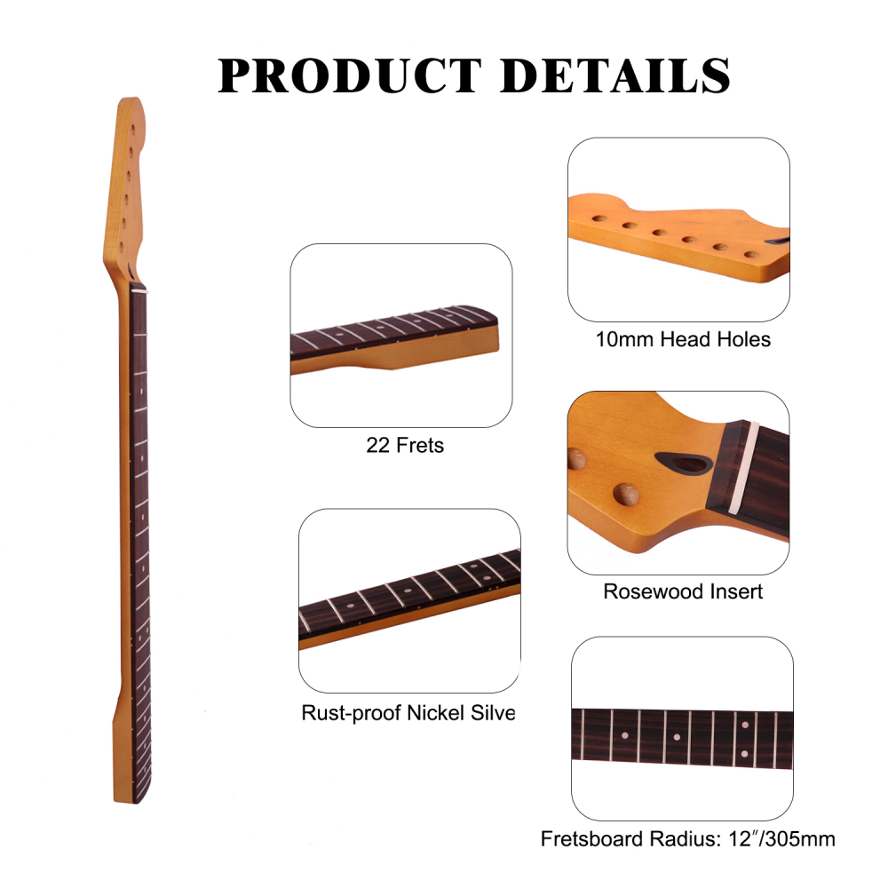 【Conversion】28" Scale Length Stratocaster Guitar Neck Rosewood Fretboard Maple Neck 12" Radius 10 mm Holes 22 Frets Satin Finish