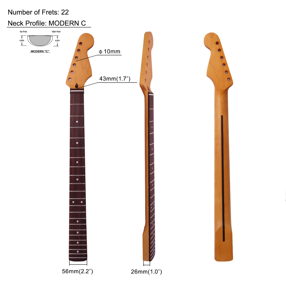 【Conversion】28" Scale Length Stratocaster Guitar Neck Rosewood Fretboard Maple Neck 12" Radius 10 mm Holes 22 Frets Satin Finish