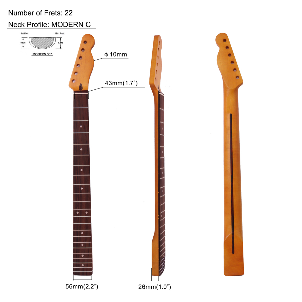 【Conversion】28" Scale Length Telecaster Guitar Neck Rosewood Fretboard Maple Neck 12" Radius 10 mm Holes 22 Frets Satin Finish