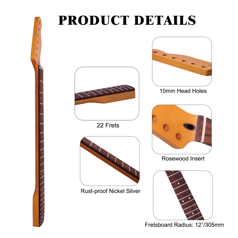 【Conversion】28" Scale Length Telecaster Guitar Neck Rosewood Fretboard Maple Neck 12" Radius 10 mm Holes 22 Frets Satin Finish