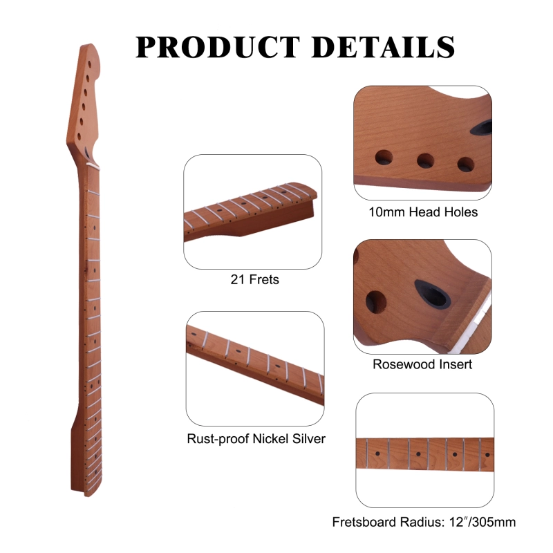 【Conversion】24.75" Scale Length Stratocaster Guitar Neck Roasted Maple Neck 12" Radius 10 mm Holes 21 Frets Satin Finish