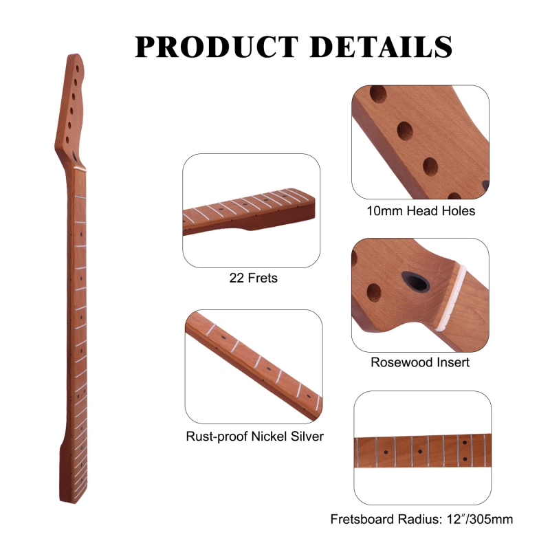【Conversion】28" Scale Length Telecaster Guitar Neck Roasted Maple Neck 12" Radius 10 mm Holes 22 Frets Satin Finish