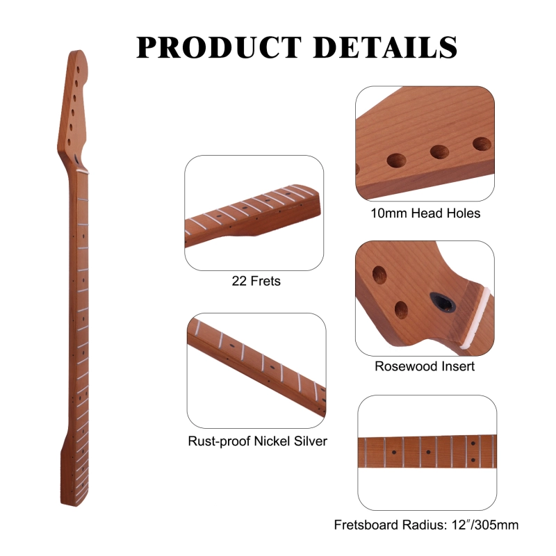 【Conversion】28" Scale Length Stratocaster Guitar Neck Roasted Maple Neck 12" Radius 10 mm Holes 22 Frets Satin Finish
