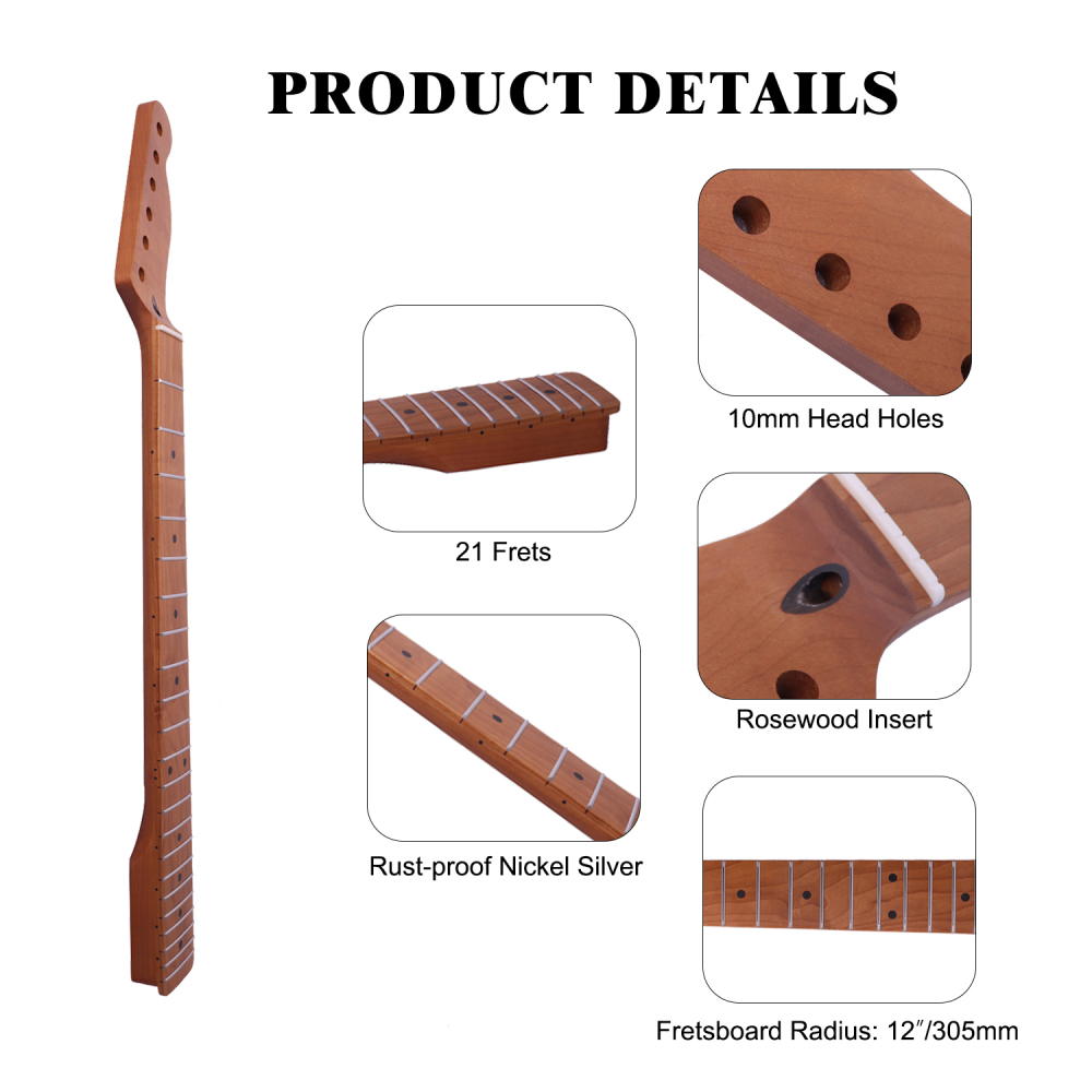 【Conversion】24.75" Scale Length Telecaster Guitar Neck Roasted Maple Neck 12" Radius 10 mm Holes 21 Frets Satin Finish