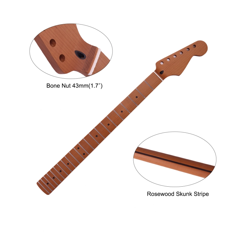 【Conversion】28" Scale Length Stratocaster Guitar Neck Roasted Maple Neck 12" Radius 10 mm Holes 22 Frets Satin Finish