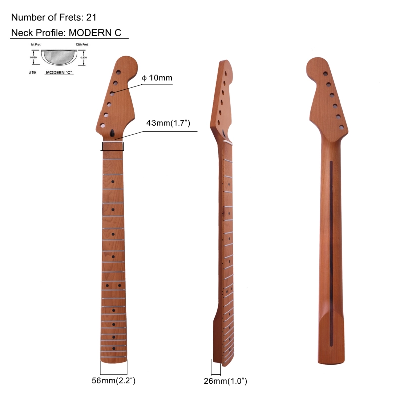 【Conversion】24.75" Scale Length Stratocaster Guitar Neck Roasted Maple Neck 12" Radius 10 mm Holes 21 Frets Satin Finish