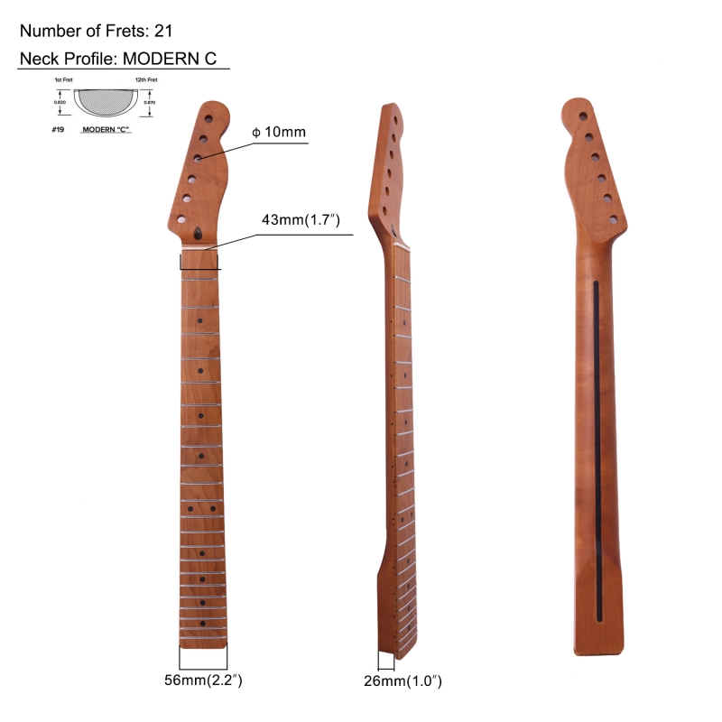 【Conversion】24.75" Scale Length Telecaster Guitar Neck Roasted Maple Neck 12" Radius 10 mm Holes 21 Frets Satin Finish
