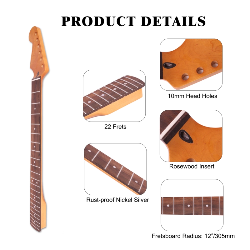 Left-handed Stratocaster Guitar Neck Rosewood Fretboard Maple Neck 12" Radius 10 mm Holes 22 Frets Satin Finish