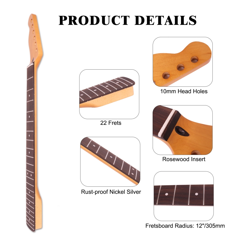 Left-handed Telecaster Guitar Neck Rosewood Fretboard Maple Neck 12" Radius 10 mm Holes 22 Frets Satin Finish