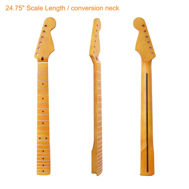 【Conversion】24.75" Scale Length Stratocaster Guitar Neck Maple Neck 12" Radius 10 mm Holes 21 Frets Satin Finish