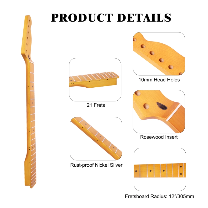 【Conversion】24.75" Scale Length  Telecaster Guitar Neck Maple Neck 12" Radius 10 mm Holes 21 Frets Satin Finish