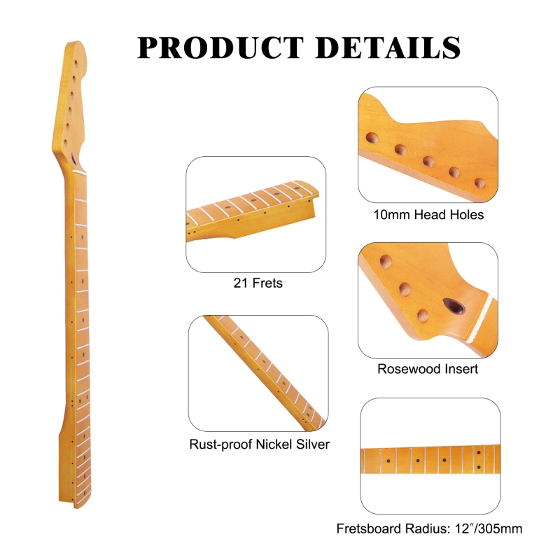 【Conversion】24.75" Scale Length Stratocaster Guitar Neck Maple Neck 12" Radius 10 mm Holes 21 Frets Satin Finish