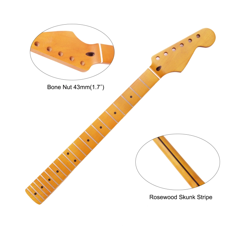 【Conversion】24.75" Scale Length Stratocaster Guitar Neck Maple Neck 12" Radius 10 mm Holes 21 Frets Satin Finish