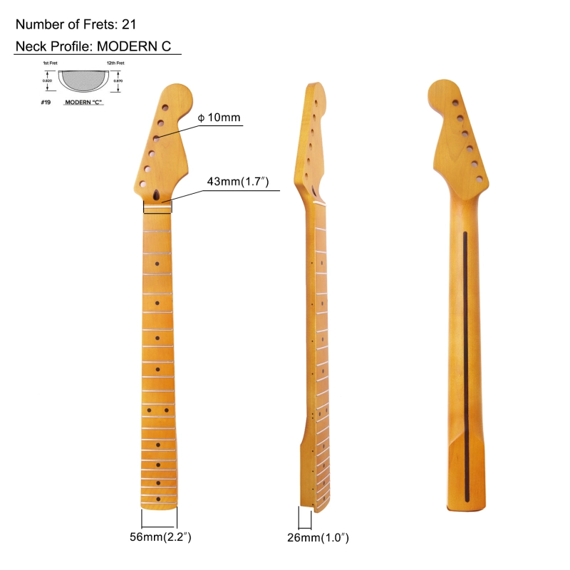 【Conversion】24.75" Scale Length Stratocaster Guitar Neck Maple Neck 12" Radius 10 mm Holes 21 Frets Satin Finish