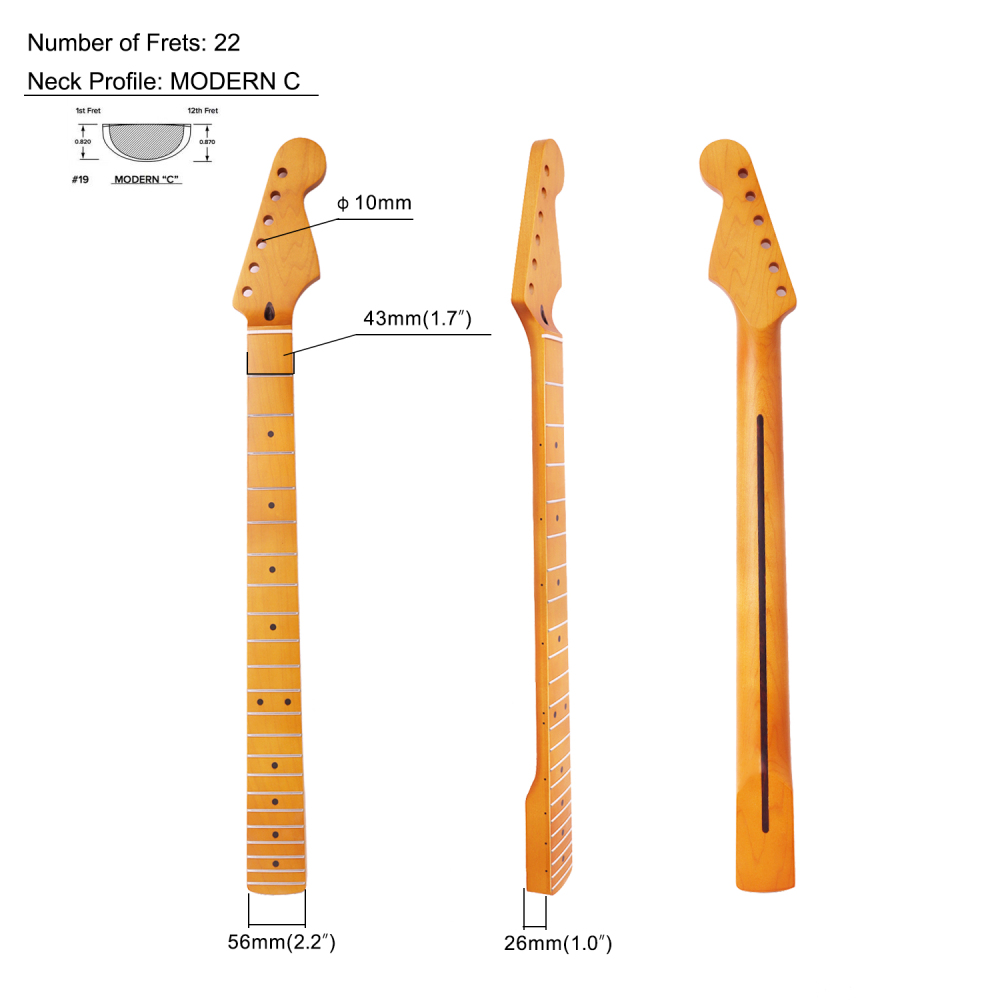 【Conversion】Baritone Neck 28" Scale Length Stratocaster Guitar Neck Roasted Maple Neck 12" Radius 10 mm Holes 22 Frets Satin Finish