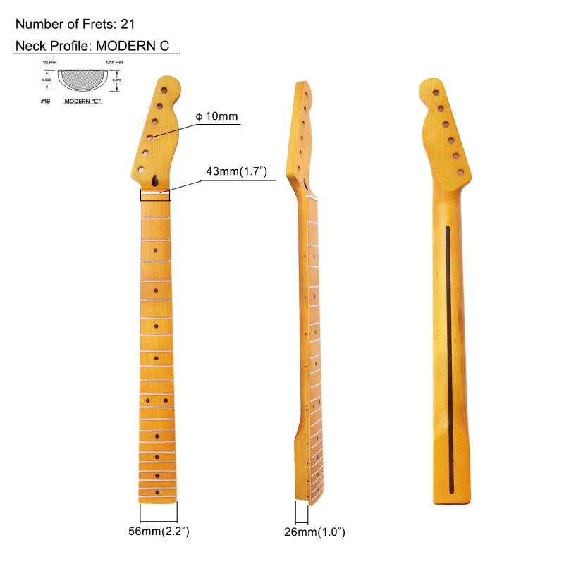 【Conversion】24.75" Scale Length  Telecaster Guitar Neck Maple Neck 12" Radius 10 mm Holes 21 Frets Satin Finish