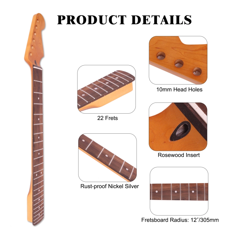 24.75" Scale Length Stratocaster Guitar Neck Rosewood Fretboard Maple Neck 12" Radius 10 mm Holes 22 Frets Satin Finish
