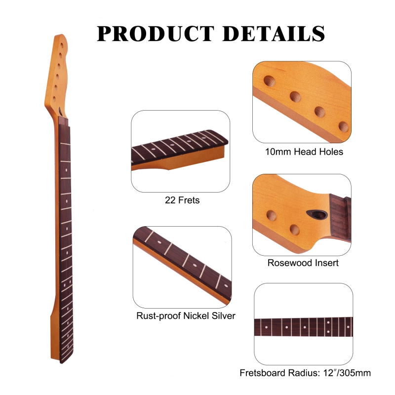 【Floyd Rose Nut】Locking Nut Telecaster Guitar Neck Rosewood Fretboard Maple Neck 12" Radius 10 mm Holes 22 Frets Satin Finish