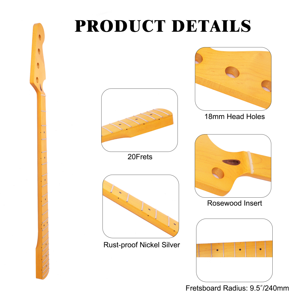 Premium 4 Strings Jazz Bass Guitar Neck Rosewood Fretboard Maple Neck 9.5" Radius 18 mm Holes 20 Frets Satin Finish