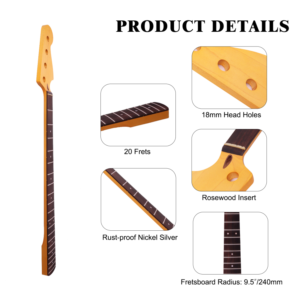 Premium 4 Strings Jazz Bass Guitar Neck Rosewood Fretboard Maple Neck 9.5" Radius 18 mm Holes 20 Frets Satin Finish
