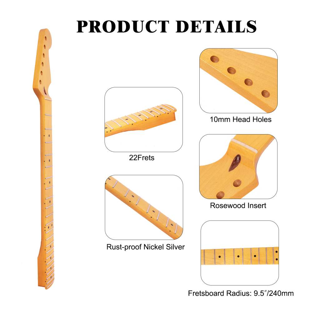Premium Stratocaster Guitar Neck Maple Neck 9.5" Radius 10 mm Holes 22 Frets Satin Finish