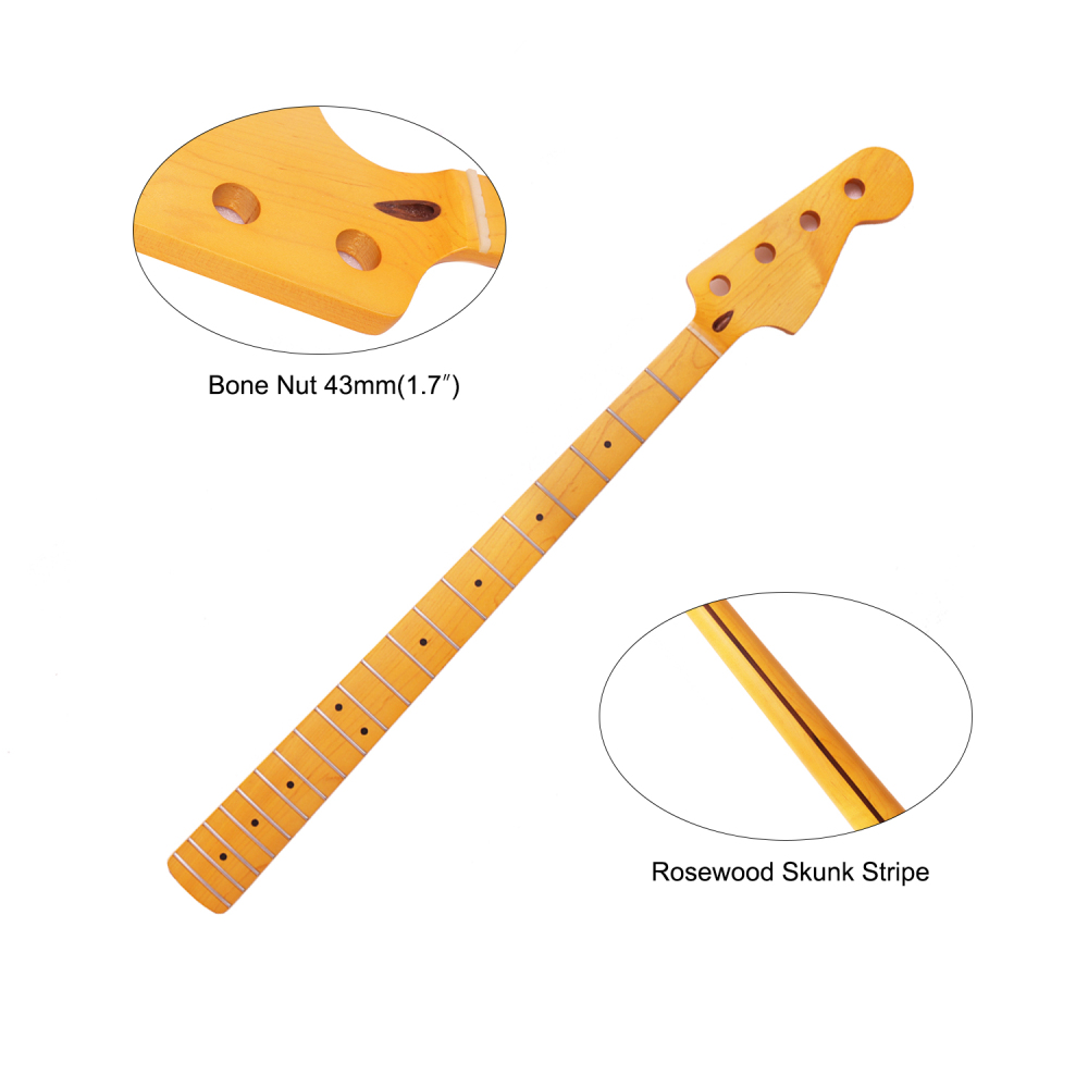Premium 4 Strings Jazz Bass Guitar Neck Rosewood Fretboard Maple Neck 9.5" Radius 18 mm Holes 20 Frets Satin Finish