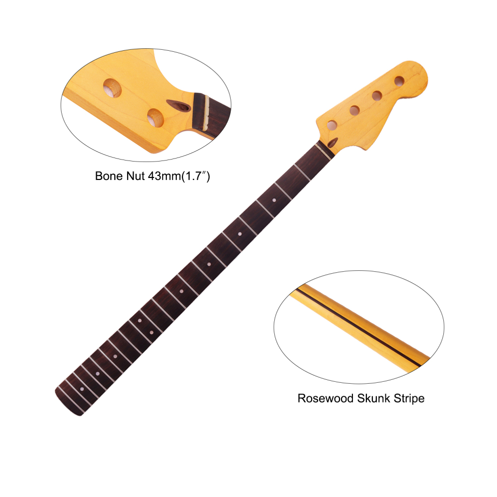 Premium 4 Strings Jazz Bass Guitar Neck Rosewood Fretboard Maple Neck 9.5" Radius 18 mm Holes 20 Frets Satin Finish