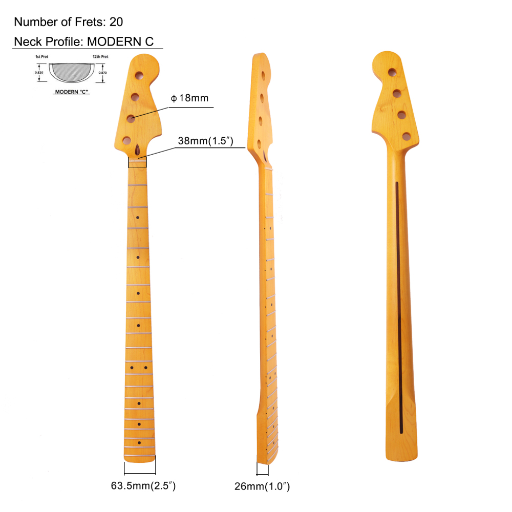 Premium 4 Strings Jazz Bass Guitar Neck Rosewood Fretboard Maple Neck 9.5" Radius 18 mm Holes 20 Frets Satin Finish