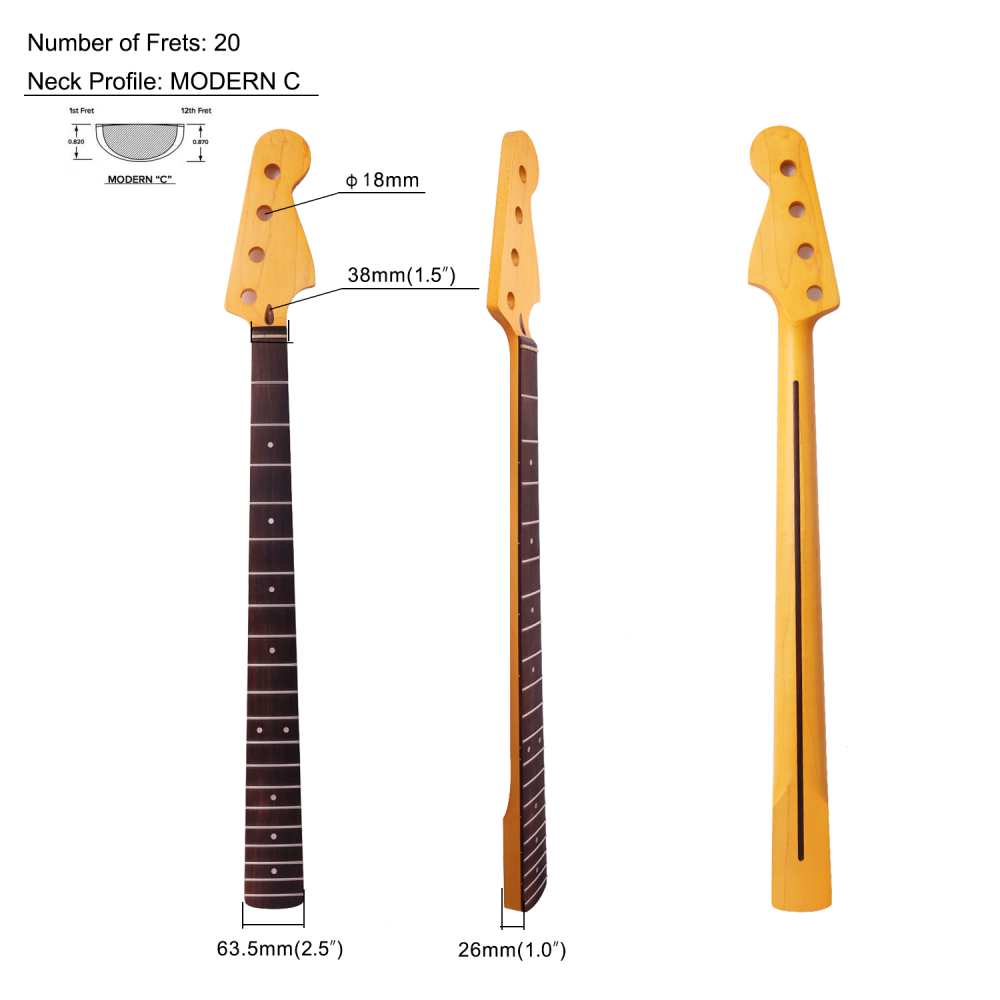 Premium 4 Strings Jazz Bass Guitar Neck Rosewood Fretboard Maple Neck 9.5" Radius 18 mm Holes 20 Frets Satin Finish