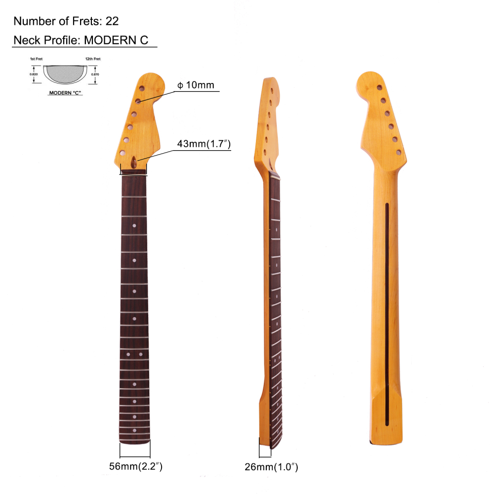 Premium Stratocaster Guitar Neck Rosewood Fretboard Maple Neck 9.5" Radius 10 mm Holes 22 Frets Satin Finish