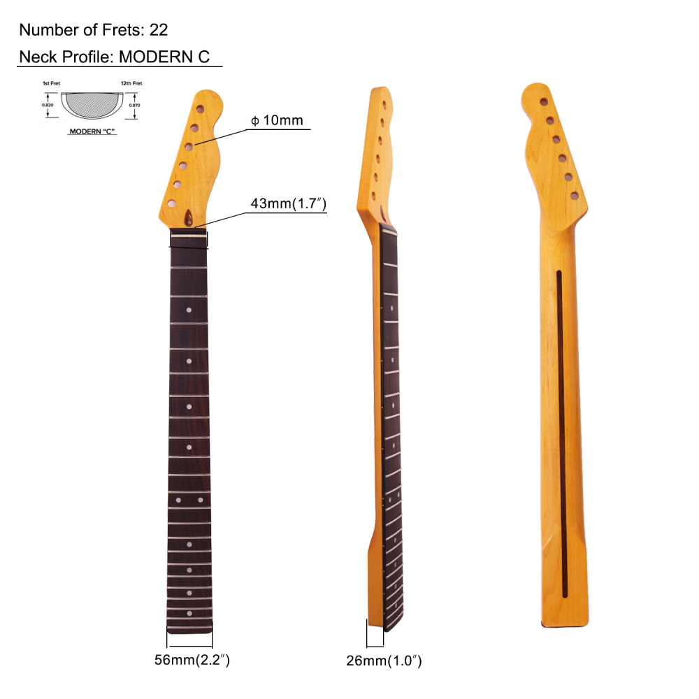 Premium Telecaster Guitar Neck Rosewood Fretboard Maple Neck 9.5" Radius 10 mm Holes 22 Frets Gloss Finish