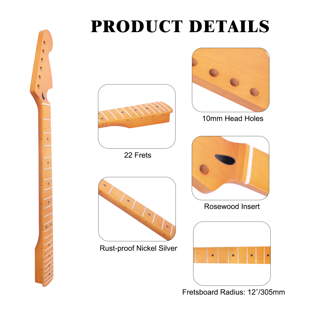 Mustang / Jaguar Guitar Neck 24" Scale Length Canadian Maple Neck 12" Radius 10mm Holes 22 Frets Satin Finish