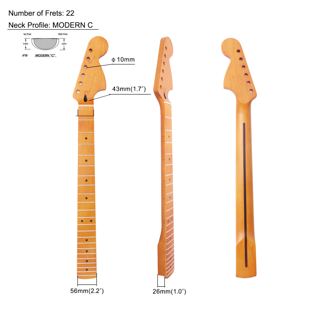 1970 Big Headstock Stratocaster Canadian Maple Neck 12" Radius 10 mm Holes 22 Frets Satin Finish