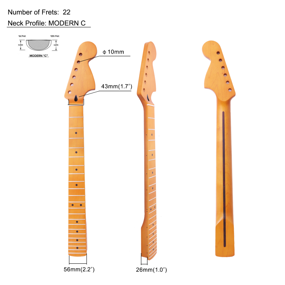 Mustang / Jaguar Guitar Neck 24" Scale Length Canadian Maple Neck 12" Radius 10mm Holes 22 Frets Satin Finish