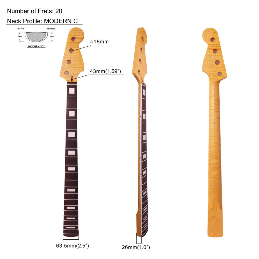 4 Strings Jazz Bass Guitar Neck AAAAA Canadian Flame Maple 9.5" Radius 18 mm Holes 20 Frets Satin Finish Acrylic Block Inlay