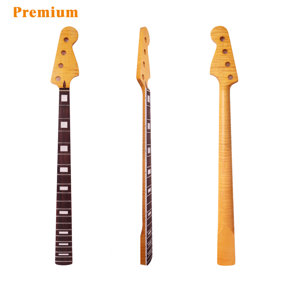 4 Strings Jazz Bass Guitar Neck AAAAA Canadian Flame Maple 9.5" Radius 18 mm Holes 20 Frets Satin Finish Acrylic Block Inlay