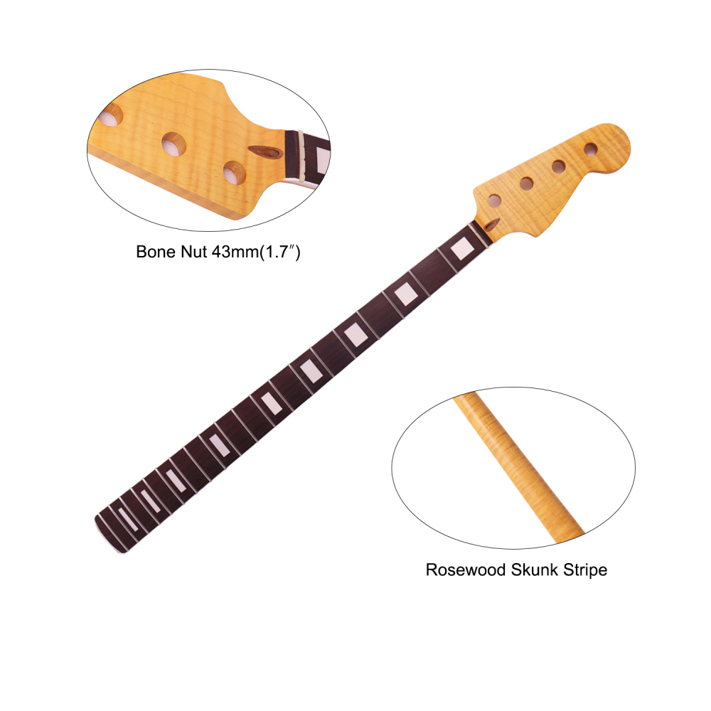4 Strings Jazz Bass Guitar Neck AAAAA Canadian Flame Maple 9.5" Radius 18 mm Holes 20 Frets Satin Finish Acrylic Block Inlay