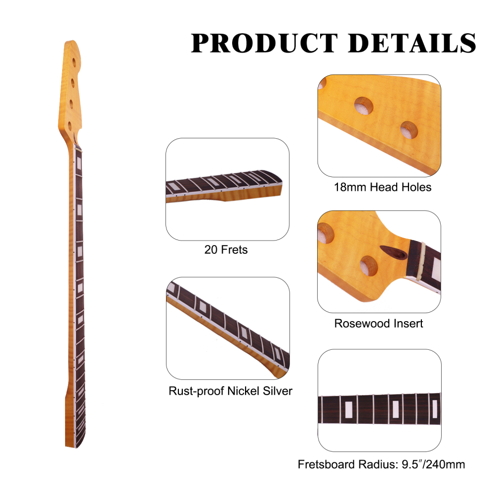 4 Strings Jazz Bass Guitar Neck AAAAA Canadian Flame Maple 9.5" Radius 18 mm Holes 20 Frets Satin Finish Acrylic Block Inlay