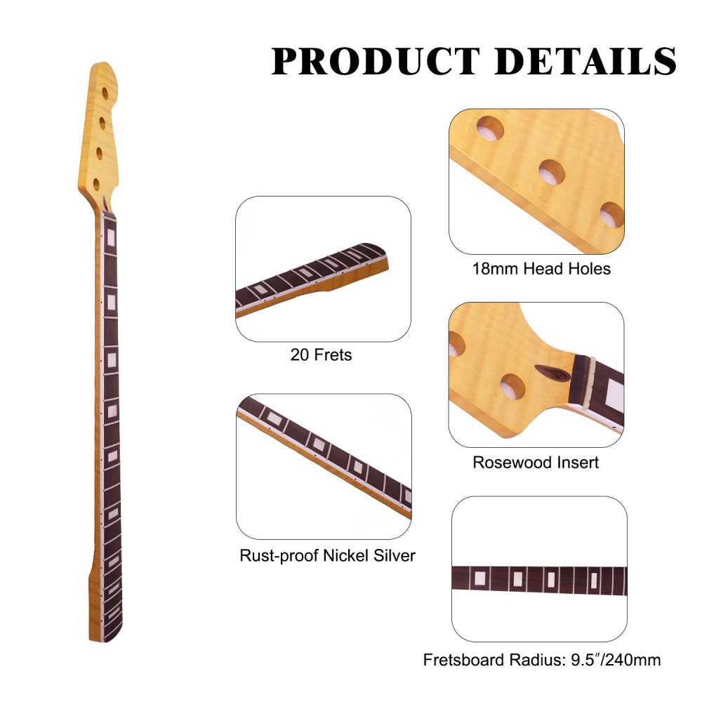 4 Strings Jazz Bass Guitar Neck AAAAA Canadian Flame Maple 9.5" Radius 18 mm Holes 20 Frets Satin Finish Acrylic Block Inlay