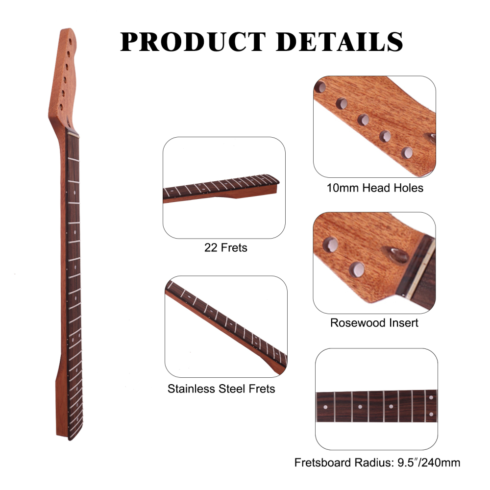 Telecaster  Guitar Neck Rosewood Fretboard Congolese Mahogany Neck 9.5" Radius 10 mm Holes 22 Frets Gloss Finish